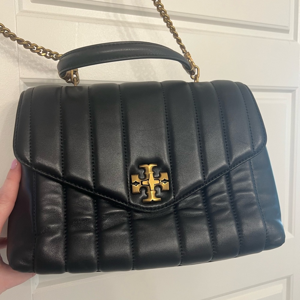 Tory Burch Quilted Lamb Leather Black Quilted Leather Top Handle Handbag